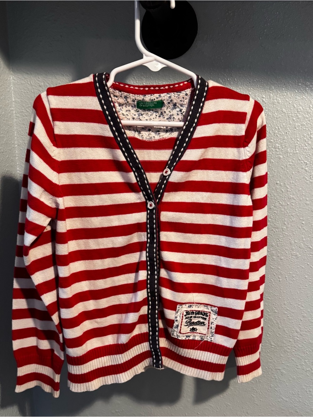 United Colors Of Benetton Red & White Striped Cardigan with Navy Trim